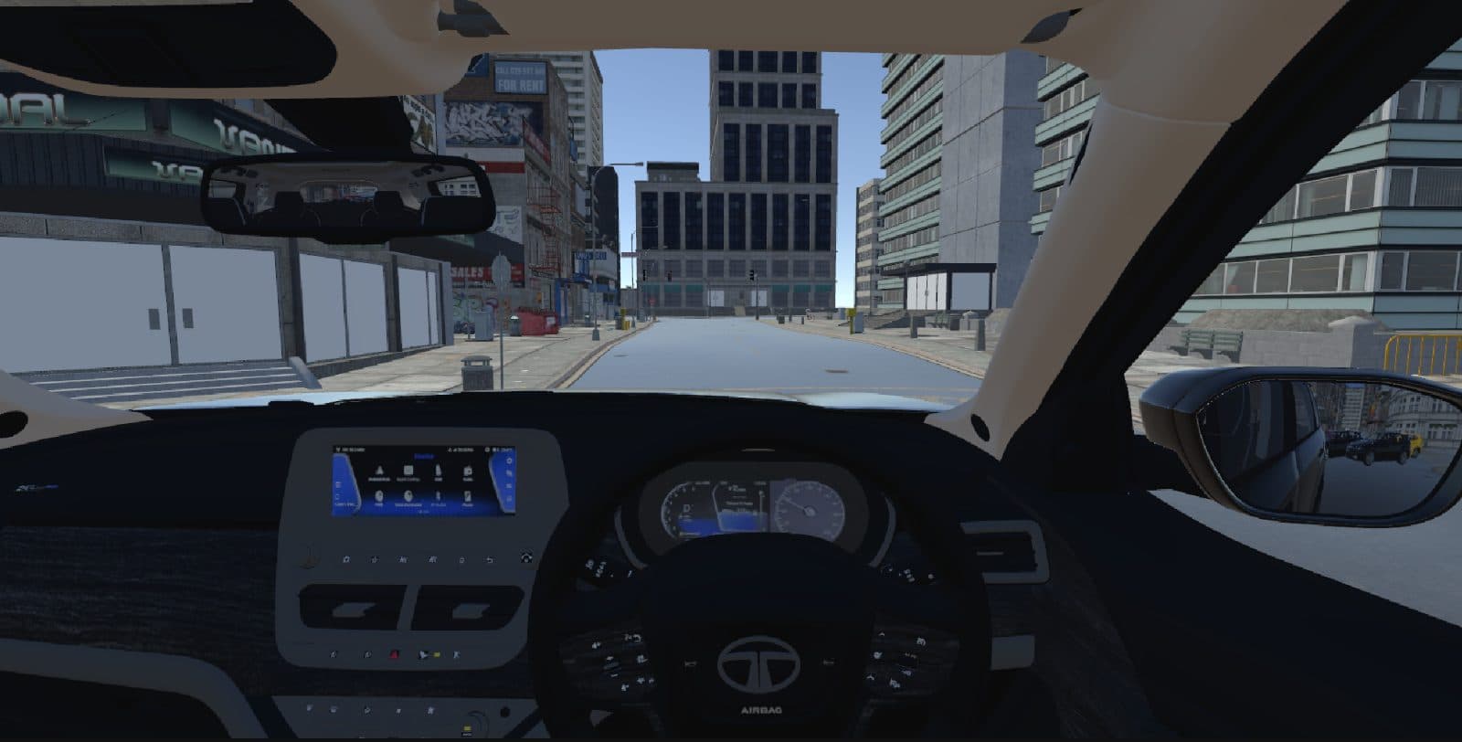 The view from the driver's seat of the Tata Safari in DriveXR, looking down a city street, with working mirrors