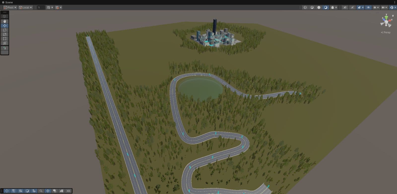 Unity scene view of all three DriveXR maps: a straight highway, a winding mountain road and a city