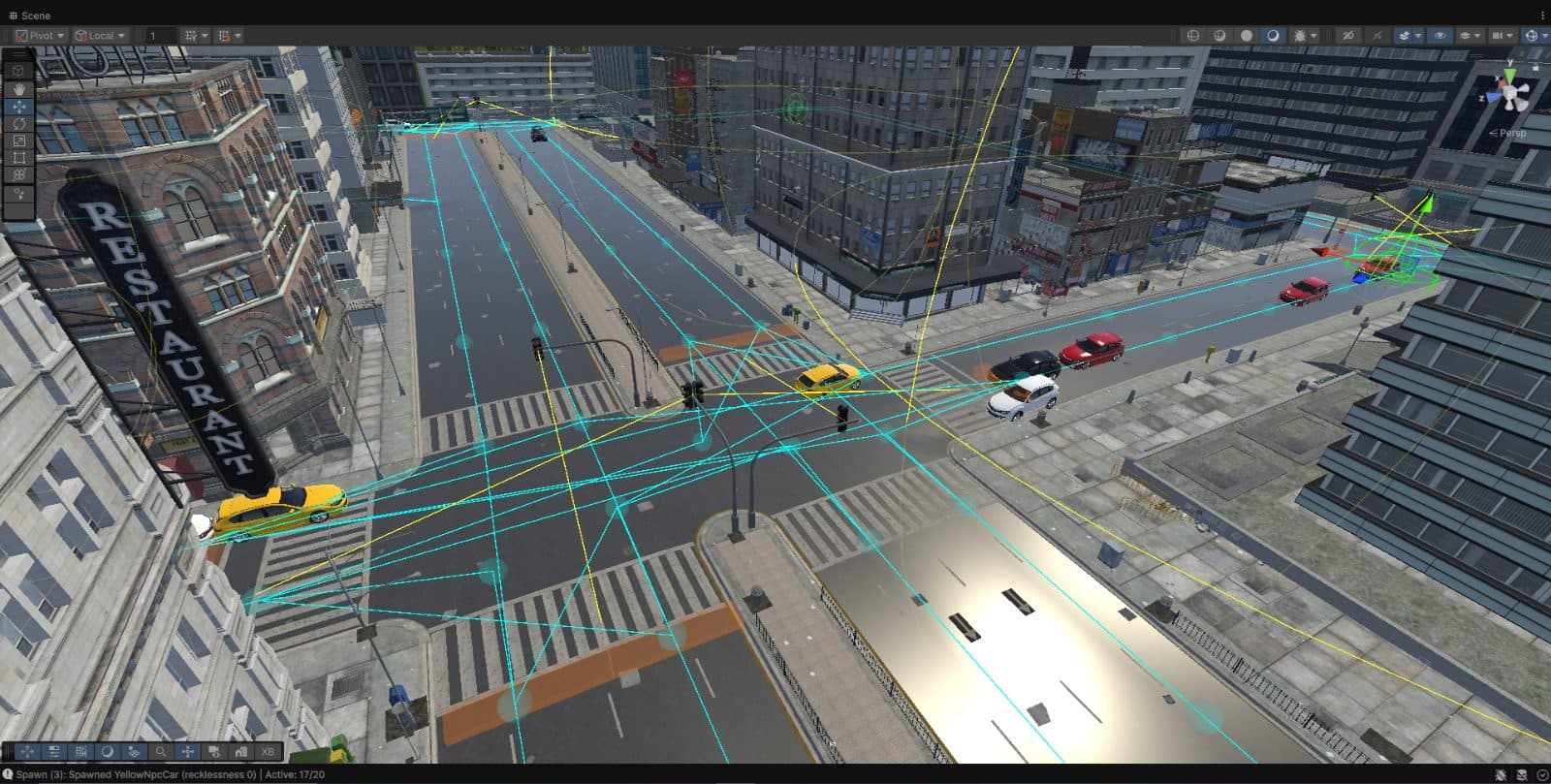 Unity scene view of a DriveXR intersection with AI cars and their checkpoint paths drawn as blue lines